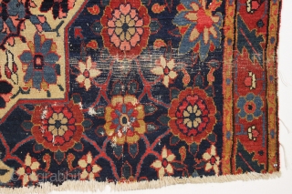 early nw persian carpet fragment. Beautiful design and highest quality natural colors. Center section of a large early carpet. Pile varies from good thick pile to areas of very low with foundation  ...