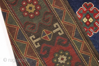 antique large Caucasian rug with a powerful design.  Appears caucasian although certainly not karachopf type as the structure with brown wefting and goat hair selvages are not typical kazak. Neither is  ...