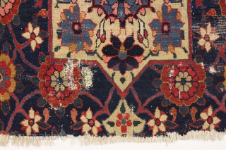 early nw persian carpet fragment. Beautiful design and highest quality natural colors. Center section of a large early carpet. Pile varies from good thick pile to areas of very low with foundation  ...