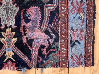 Antique bidjar lion rug fragment. Lovely colors and classic drawing. As found from local home, in distressed condition with rough cut ends. Scattered wear as shown. Could use a good wash. Late  ...