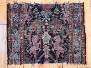 Antique bidjar lion rug fragment. Lovely colors and classic drawing. As found from local home, in distressed condition with rough cut ends. Scattered wear as shown. Could use a good wash. Late  ...