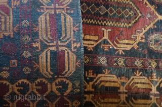 This item is not for sale. Oriental, or orientally inspired, carpet with considerable age. 208 x 116 cm. Wool ( that feels like silk ) on cotton foundation, dense knotting. All colors  ...