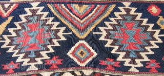   #T1000 Caucasian (Shirvan?) kilim, 4'10" x 12'10"; impressive single- piece flatweave with large-scale graphics rendered in bold colors; unusual in that instead of the normally repeating rows of similar design  ...