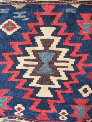   #T1000 Caucasian (Shirvan?) kilim, 4'10" x 12'10"; impressive single- piece flatweave with large-scale graphics rendered in bold colors; unusual in that instead of the normally repeating rows of similar design  ...