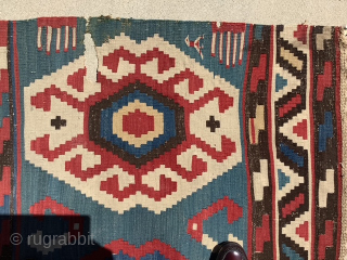 Here is an unusually sized kilim 6’8” x 12’7” it’s one piece not two and I very good condition. Note a few small nips in border. Has good age and ...