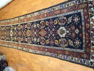 This Bakhtiary runner perfectly illustrates the exquisite workmanship of the tribe with a opulent overall flower design.
wool foundation late 19th Century.
3'-4'' x12'-4''
Sold.           