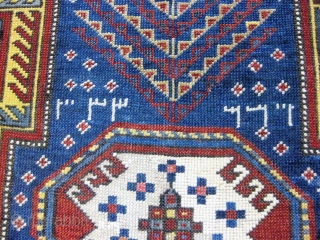 Dated Antique Kazak Caucasian Rug-3117.  Antique Kazak rug with key design, from southwestern Caucasus, dated A.H 1333 (A.D. Equivalent 1914). Size 4 ft x 5 ft. 10 inches. An imposing motif  ...