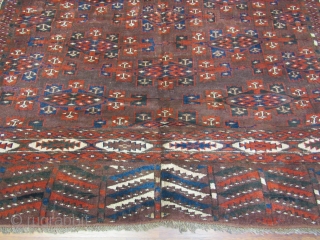 Antique Yumud Turkoman Main Carpet-1486. , Woven by tribal people of Southeast Turkmenistan and border of Iran, size 6'.3"x 11' circa 1900. Rectangular central field with offset rows of kapsa guls on  ...