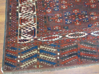 Antique Yumud Turkoman Main Carpet-1486. , Woven by tribal people of Southeast Turkmenistan and border of Iran, size 6'.3"x 11' circa 1900. Rectangular central field with offset rows of kapsa guls on  ...