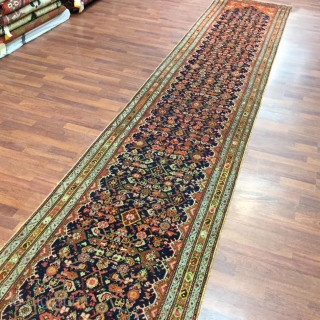  Antique Persian Long Seneh Runner,  Northwest Persia,,size 3' by 17'.5", circa 1910,herati pattern,repeated field design consisting a flower centered in diamond with curing lanceolane leaves located outside the diamond on  ...