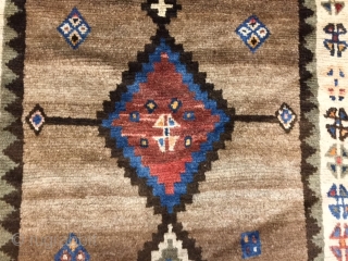 # 2883- Antique Persian Gabbeh Tribal Rug from Southwest Persia, Fars providence, size 3 ft. 8 inches by 6 ft. 1 inc, three stepped unsymmetrical diamond medallion in blue and red on  ...