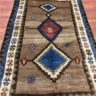 # 2883- Antique Persian Gabbeh Tribal Rug from Southwest Persia, Fars providence, size 3 ft. 8 inches by 6 ft. 1 inc, three stepped unsymmetrical diamond medallion in blue and red on  ...