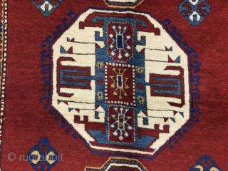 Antique Lori-Pampak Caucasian Rug-3038.  Southwest Caucasian,size 5 ft. 7 inches by 8 ft. 2 inches, circa 1920, two blue and one octagon medallion covered the entire deep-red field, The Greek key  ...