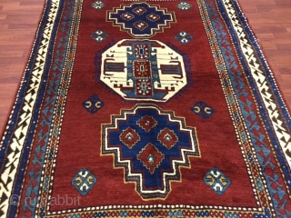 Antique Lori-Pampak Caucasian Rug-3038.  Southwest Caucasian,size 5 ft. 7 inches by 8 ft. 2 inches, circa 1920, two blue and one octagon medallion covered the entire deep-red field, The Greek key  ...