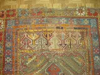 Early Turkish Prayer Mudjar rug,size 4ft. 5ft 4 inches, circa 1850. This rug is in good condition, missing last outer guard borders, some older repair and patches.      