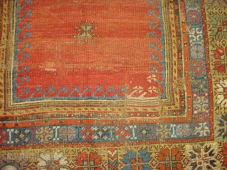 Early Turkish Prayer Mudjar rug,size 4ft. 5ft 4 inches, circa 1850. This rug is in good condition, missing last outer guard borders, some older repair and patches.      