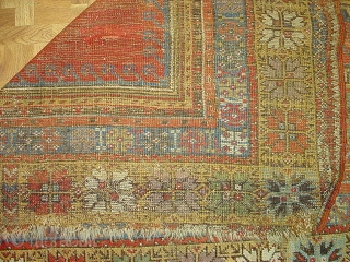 Early Turkish Prayer Mudjar rug,size 4ft. 5ft 4 inches, circa 1850. This rug is in good condition, missing last outer guard borders, some older repair and patches.      