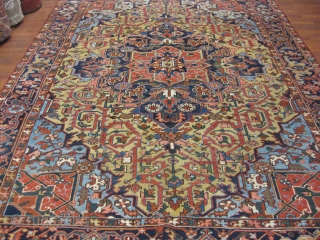 Antique Heriz Rug-4016-Antique Persian Heriz, from northwest Persia, size 7 ft. 4 inches by 9 ft. 10 inches, circa 1920. Large diamond medallion surrounded by palmette and flowering vines in green,light blue,  ...
