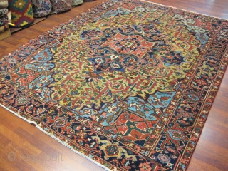 Antique Heriz Rug-4016-Antique Persian Heriz, from northwest Persia, size 7 ft. 4 inches by 9 ft. 10 inches, circa 1920. Large diamond medallion surrounded by palmette and flowering vines in green,light blue,  ...