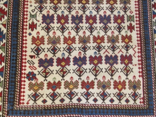 9th C Ivory field Kuba Caucasian Rug-4246- northwest Caucasian,size 4 ft by 5 ft. 9 inches, circa late 19th century,cotton head flowers pattern in rust,green and blue covered entire ivory field ,excellent  ...