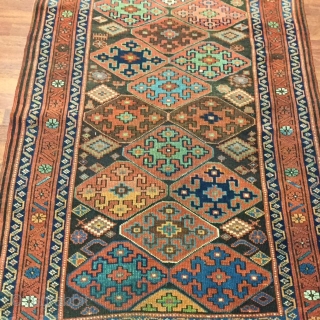 19th C Kurd Jaff- Caucasian Rug-3405, , northwest Persia, size 3 ft. 6 inches by 8 ft. 3 inches, circa late 19th century, serrated octagonal lattice with lozenges in blue, light blue,  ...