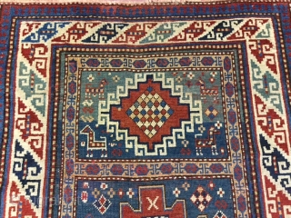 Charming antique Holbein Karachof Kazak -Charming antique Holbein Karachof Kazak ! From southwest Caucasian, size 3 ft. 5 inches by 6 ft, circa 1880 , something of a oddity, with a vertical  ...