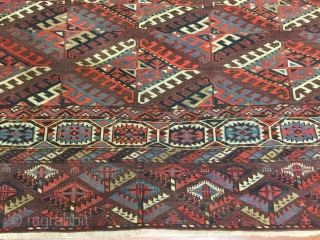 19th C Yomud Turkoman Main Carpet-1483-Antique Main Yomud carpet, from tribal Turkestan , size 7 ft by 11 ft, circa 1900. Rectangular center field with 3 by 12 rows of dyran gols  ...