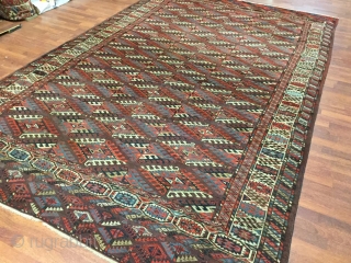 19th C Yomud Turkoman Main Carpet-1483-Antique Main Yomud carpet, from tribal Turkestan , size 7 ft by 11 ft, circa 1900. Rectangular center field with 3 by 12 rows of dyran gols  ...