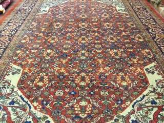 Antique Persian Ziegler Mahal Rug-816- Central Persia, size 10 ft. 3 inches by 14 ft, allover lattice floral design with delicated  blossoming vines in green,blue,pink and ivory on rust field, large  ...
