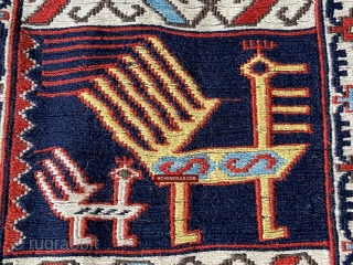 An old South Caucasian Peacock Soumac Rug Verneh. Good condition. 63 inches x 80 inches / 158 x 202 cm. More details here: https://wovensouls.com/products/1711-old-peacock-animal-verneh-shaddah-kuba-soumac-rug / / jaina@wovensouls.com

      