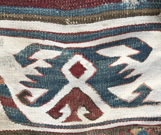 Enjoy the beautiful white borders on Asset 832 - Pair of antique Anatolian kilim fragments (mounted). The colors, the old motifs and the contrasting borders around each motif are the reasons I  ...
