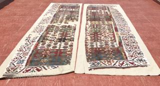Enjoy the beautiful white borders on Asset 832 - Pair of antique Anatolian kilim fragments (mounted). The colors, the old motifs and the contrasting borders around each motif are the reasons I  ...