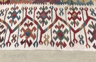 Specatcular white borders on Anatolian Kilim fragment. More photos here: https://wovensouls.com/products/832-pair-of-antique-anatolian-kilim-mounted-fragments-gorgeous-white-borders?ls=en / Can be shipped out immediately.
                