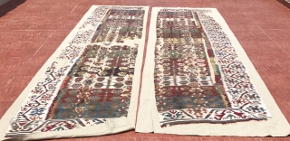 Specatcular white borders on Anatolian Kilim fragment. More photos here: https://wovensouls.com/products/832-pair-of-antique-anatolian-kilim-mounted-fragments-gorgeous-white-borders?ls=en / Can be shipped out immediately.
                