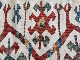 Specatcular white borders on Anatolian Kilim fragment. More photos here: https://wovensouls.com/products/832-pair-of-antique-anatolian-kilim-mounted-fragments-gorgeous-white-borders?ls=en / Can be shipped out immediately.
                