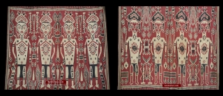 Heirloom Iban Ikat Pua Kumbu Textile with two rows of humans,each row displaying different hair styles / head cloths & different tattoo patterns on their legs & chest. https://wovensouls.com/products/1449-antique-iban-ikat-pua-kumbu-woven-textile-from-sarawak    