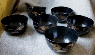 A set of museum quality late 18th to early 19th century Chinese black lacquer dragon bowls, made and painted by a master lacquer bowl maker and painter. In excellent condition with just  ...