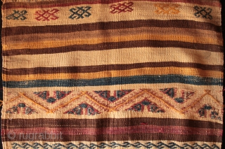 Beautiful and unique small banded kilim with çiçim embroidery from the Taurus Mountains near Antalya, Anatolia. 136x65cm, about 80 years old, wonderful seasonal snow patterns in white cotton. Overall good condition with  ...