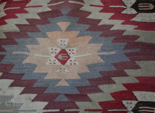 An old “eye dazzler” Manastir kilim from the Kotel region of central Bulgaria from about the 1930s. Finely woven wool on fine cotton warp, natural and aniline dyes (incl. orange). Faded on  ...