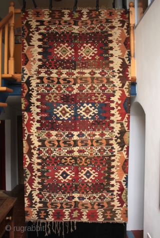 Large 19th century central Anatolian kilim

Compartment type kilim with large S hook bands and a striking and very unusual border design like winged eagles or vultures echoed in the embroidered winged cicim  ...