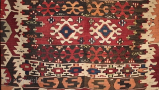 Large 19th century central Anatolian kilim

Compartment type kilim with large S hook bands and a striking and very unusual border design like winged eagles or vultures echoed in the embroidered winged cicim  ...