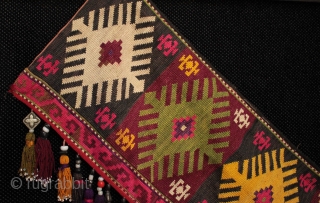 Fine Uzbek Lakai tribe silk embroidered 'segusha'.

Embroidered in silk using needlepoint technique with silk tassels and antique beads. In some cases the beads are older than the textile and are a particularly  ...