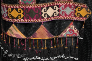 Rare Uzbek Lakai tribe camel headdress.

This camel headdress is formed from three different silk needlepoint embroidered bands, each with different borders, the main lower band with meander borders. Judging rom the motifs  ...