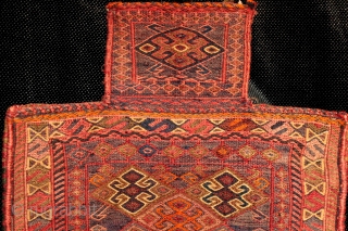 A very attractive fine old soumak Bakhtiari salt bag from east Anatolia or Kurdistan. Highly skilled and detailed embroidery work in a beautifully balanced colour palette with piled base and striped kilim  ...