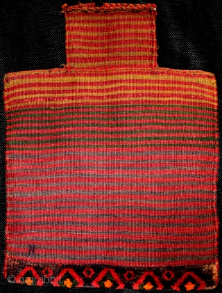 A very attractive fine old soumak Bakhtiari salt bag from east Anatolia or Kurdistan. Highly skilled and detailed embroidery work in a beautifully balanced colour palette with piled base and striped kilim  ...