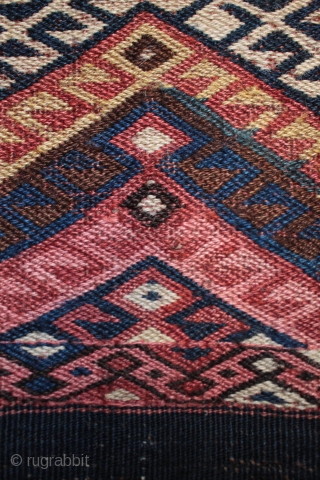 An interesting antique east Anatolian Malatya kilim fragment from the second half of the 19th century displaying four different weaving techniques as you can see in the three closeup photos below; a  ...