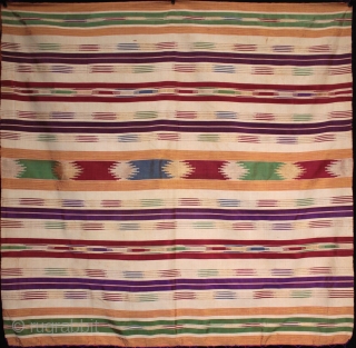 A very finely woven shawl - headdress from Aleppo in Syria with bands of silk, linen, gold and silver metallic thread, and 30cm long silk tassels. Size 110x106cm. Woven in the 1920s-30s  ...