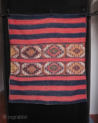 An attractive east Anatolian Malatya chuval with Memling guls and striped kilim skirts.
Good colours and in excellent original condition, the back lined with linen by its former owner, a UK collector. Size  ...