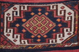 An attractive east Anatolian Malatya chuval with Memling guls and striped kilim skirts.
Good colours and in excellent original condition, the back lined with linen by its former owner, a UK collector. Size  ...