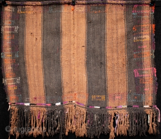 Mystery weaving of unknown use and origin.

Thick wool pile on a coarse striped flatweave foundation woven with natural dark and mid brown sheep wool in two panels on a narrow hand loom.  ...